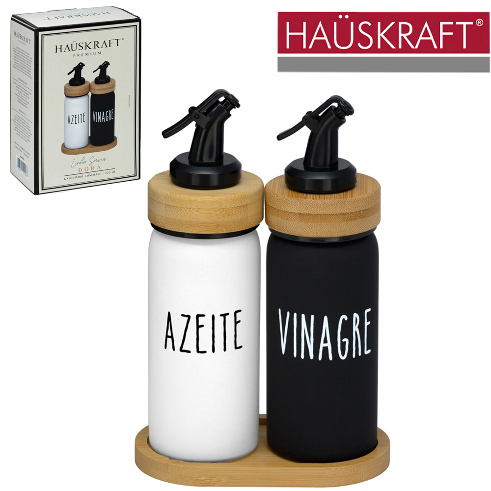 AZEITEIRO COM VINAGREIRO DE VIDRO COM TAMPA E SUPORTE DE BAMBU LINHA SERVIR DOHA HAUSKRAFT PREMIUM 220ML
