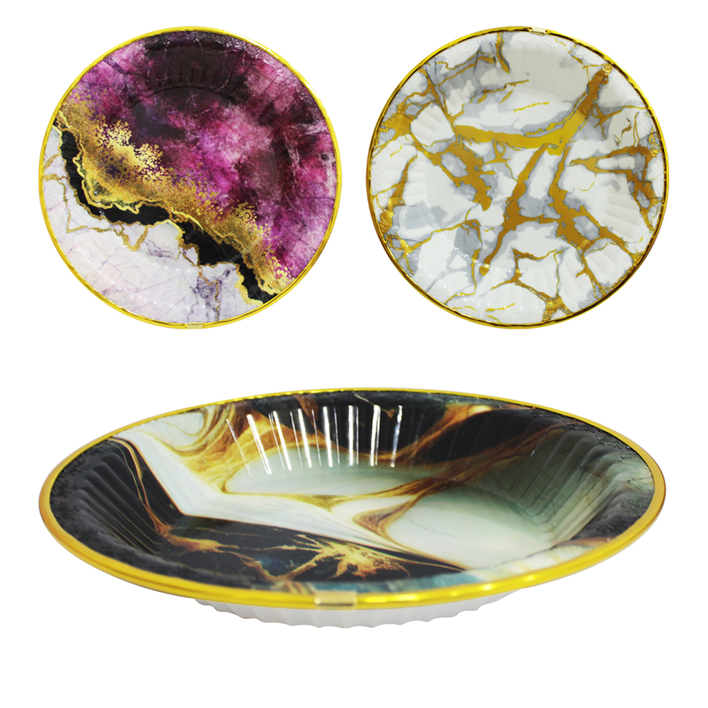 BANDEJA DE PLASTICO REDONDA COM BORDA DOURADA ESTAMPAS SORTIDAS 3X27CM DE Ø