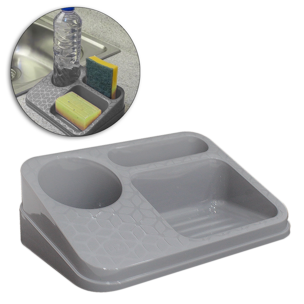 PORTA DETERGENTE / ESPONJA / SABAO DE PLASTICO CINZA 20,5X14X7CM