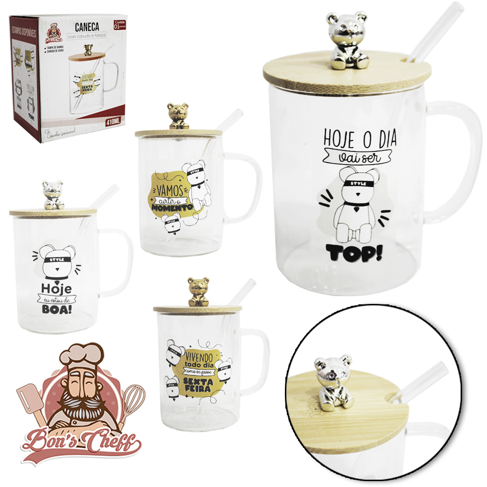 CANECA DE VIDRO FRASES URSO 410ML + CANUDO COM TAMPA DE BAMBU BONS CHEFF