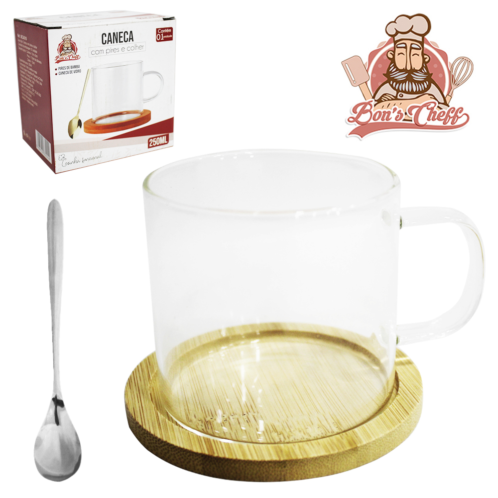 CANECA XICARA DE VIDRO BOROSILICATO 250ML COM PIRES DE BAMBU + COLHER NA CAIXA BONS CHEFF