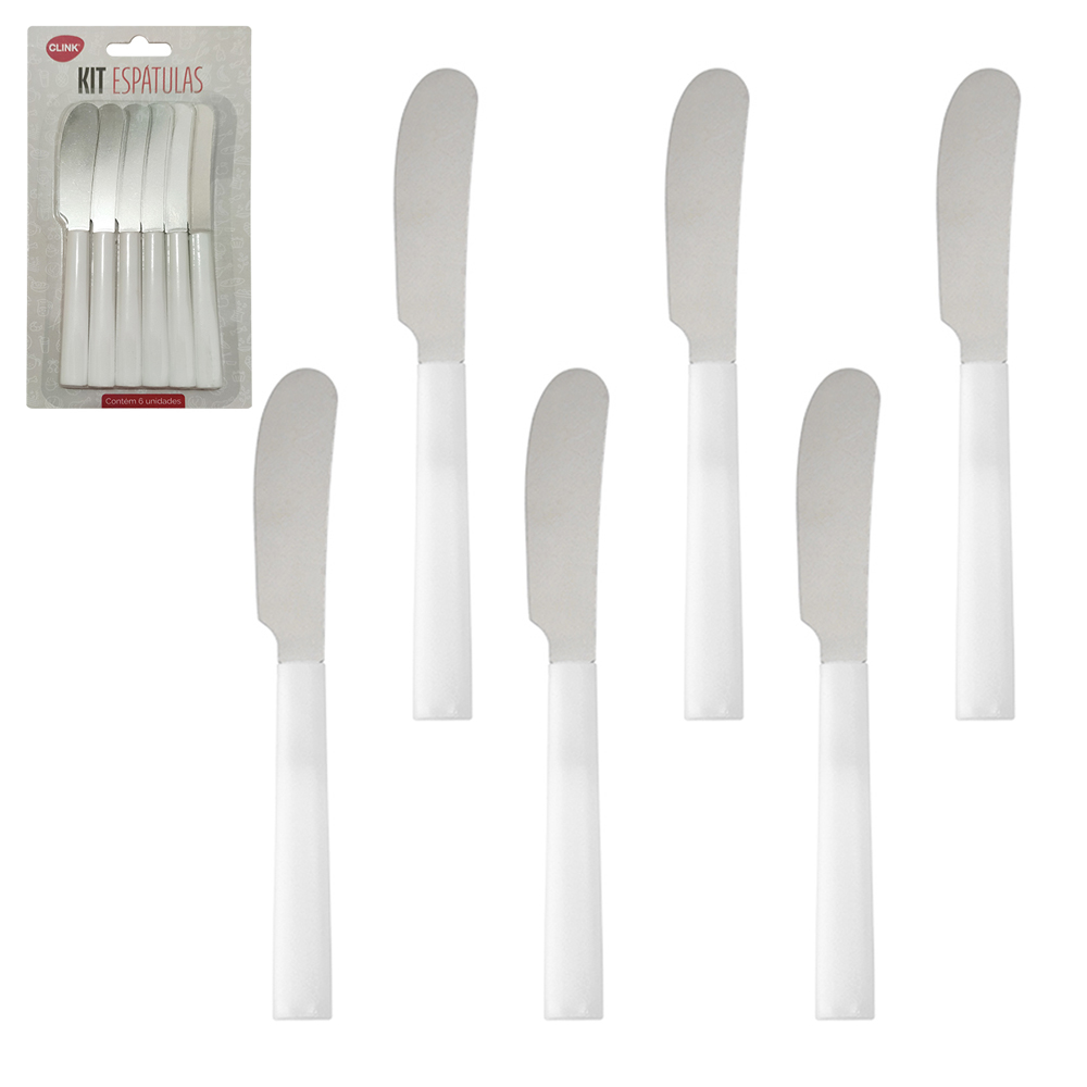 ESPATULA PATE / MANTEIGA DE INOX CABO PLASTICO BRANCO COM 6 PECAS 14CM