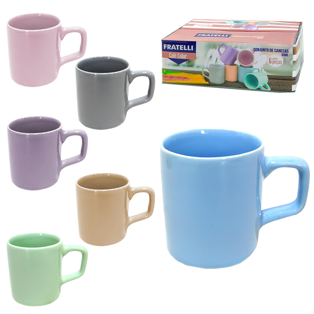 JOGO DE CANECA DE PORCELANA COLOR COM 6 PECAS 85ML