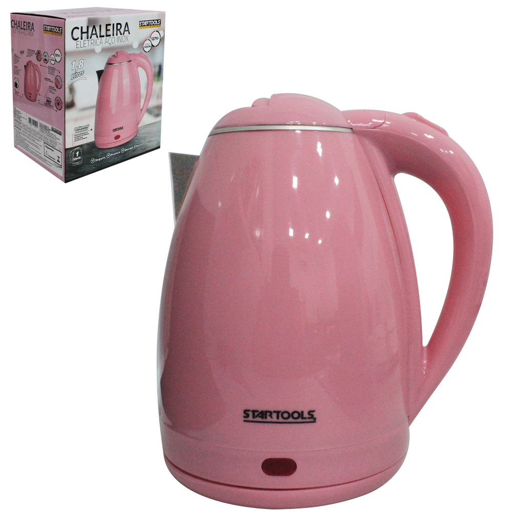 CHALEIRA JARRA ELETRICA DE INOX ROSA BEBE COM BASE REMOVIVEL + ALCA E LED INDICATIVO 1,8L 127V