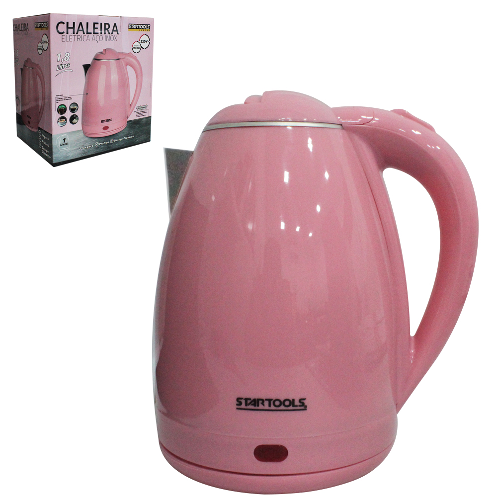 CHALEIRA JARRA ELETRICA DE INOX ROSA BEBE COM BASE REMOVIVEL + ALCA E LED INDICATIVO 1,8L 220V