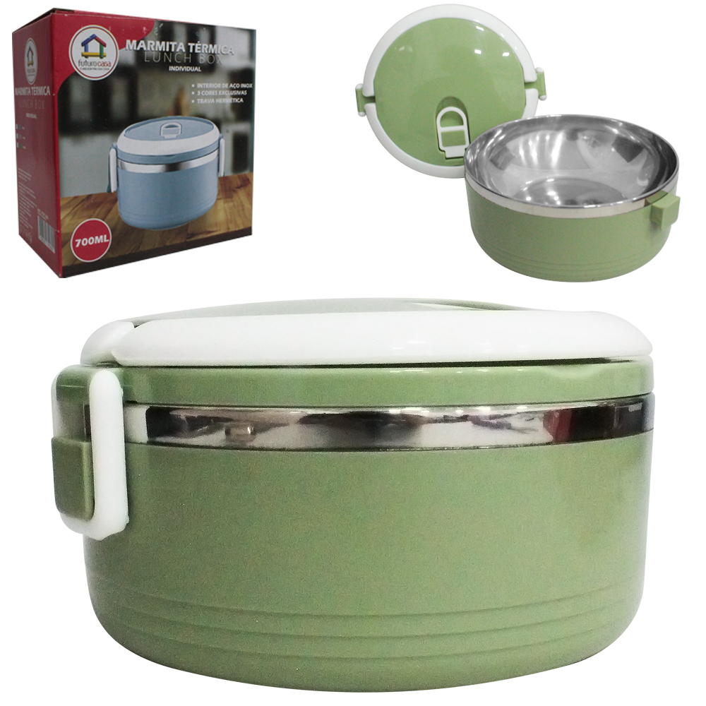 MARMITA TERMICA DE INOX / PLASTICO REDONDO COM TAMPA + TRAVA E ALCA 700ML 8X15CM DE Ø
