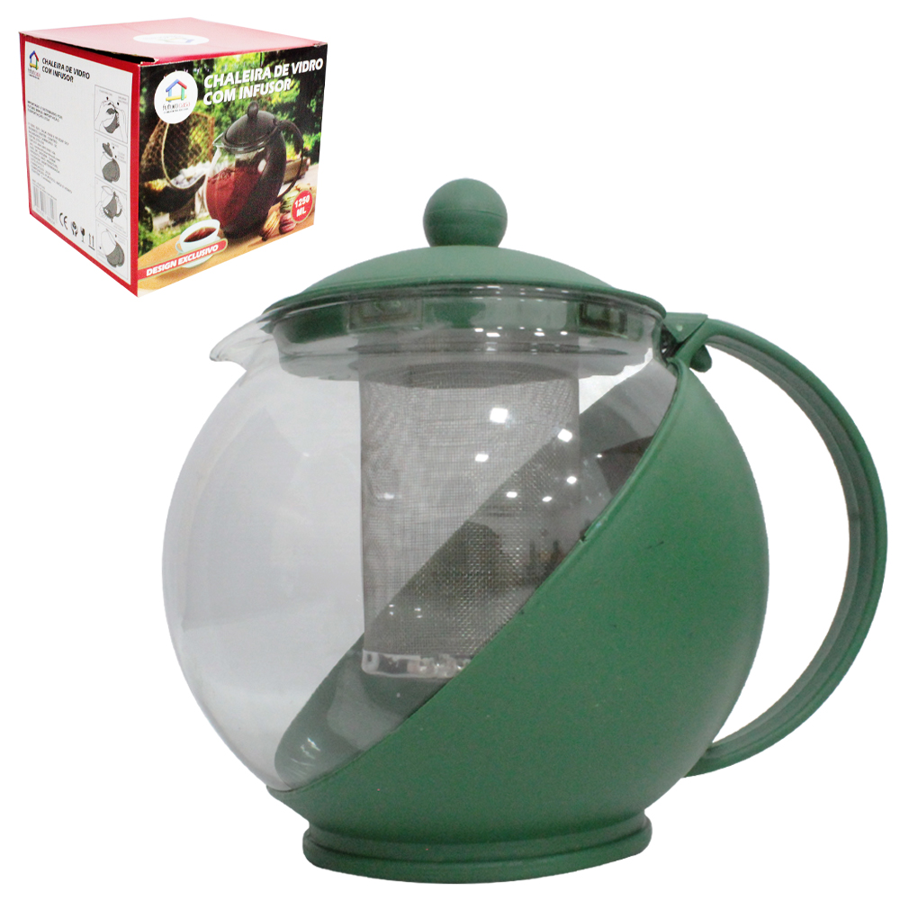 CHALEIRA DE VIDRO COM INFUSOR + ALCA E TAMPA DE PLASTICO 1250ML