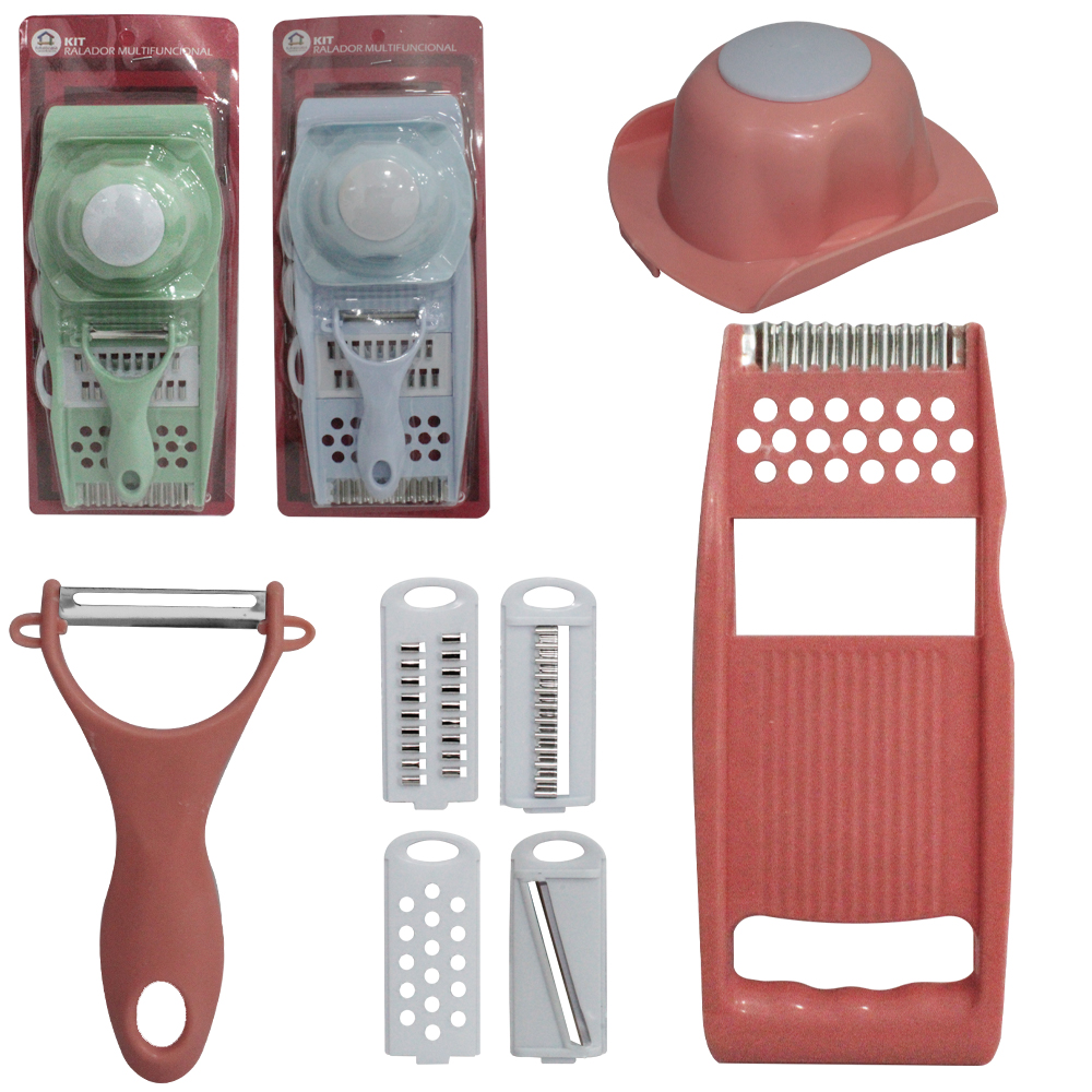 CORTADOR FATIADOR E RALADOR + DESCASCADOR DE FRUTAS / LEGUMES DE INOX / PLASTICO + 5 LAMINAS