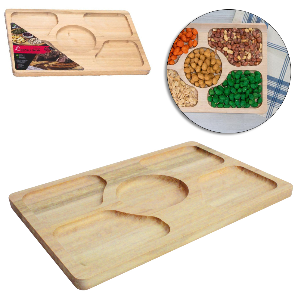 BANDEJA PETISQUEIRA DE MADEIRA RETANGULAR COM 5 DIVISORIAS 30X20CM