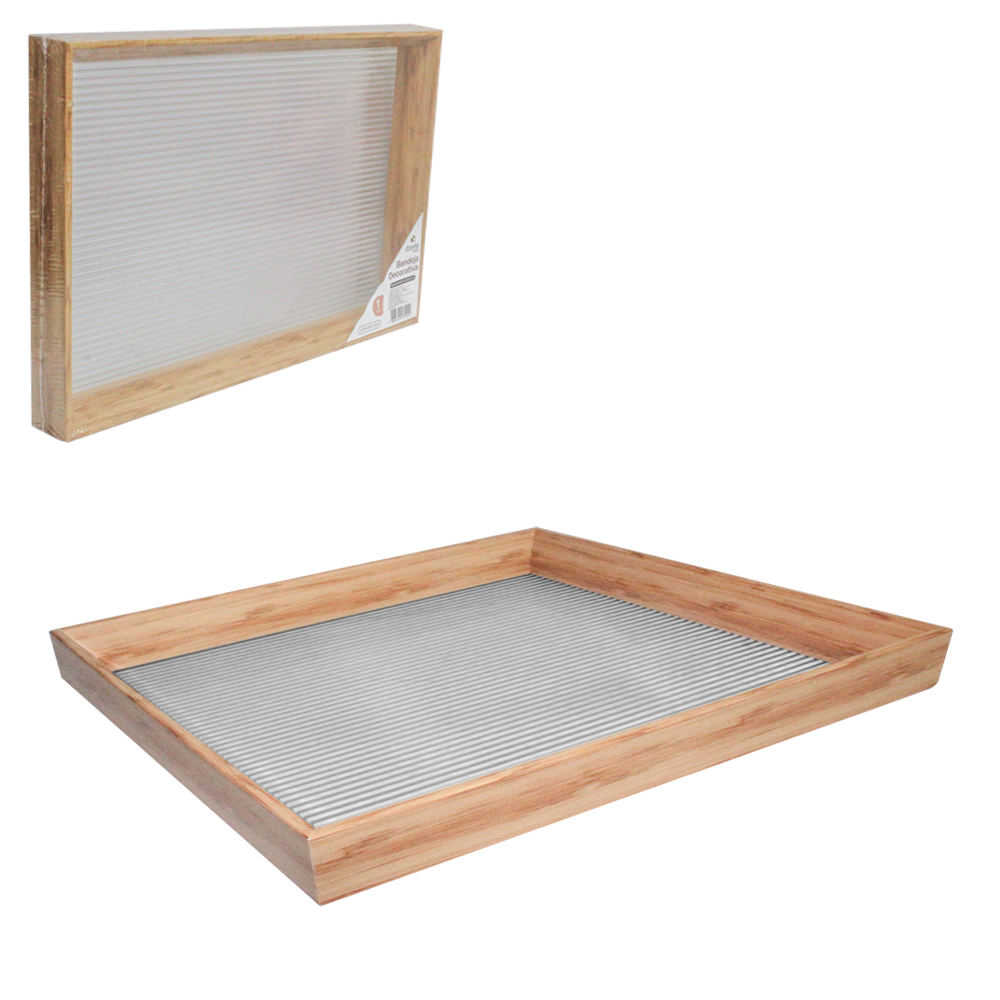 BANDEJA DE PLASTICO TIPO MADEIRA COM FUNDO TRANSPARENTE RETANGULAR DECORATIVA DECOR 31,8X21,8X3,5CM