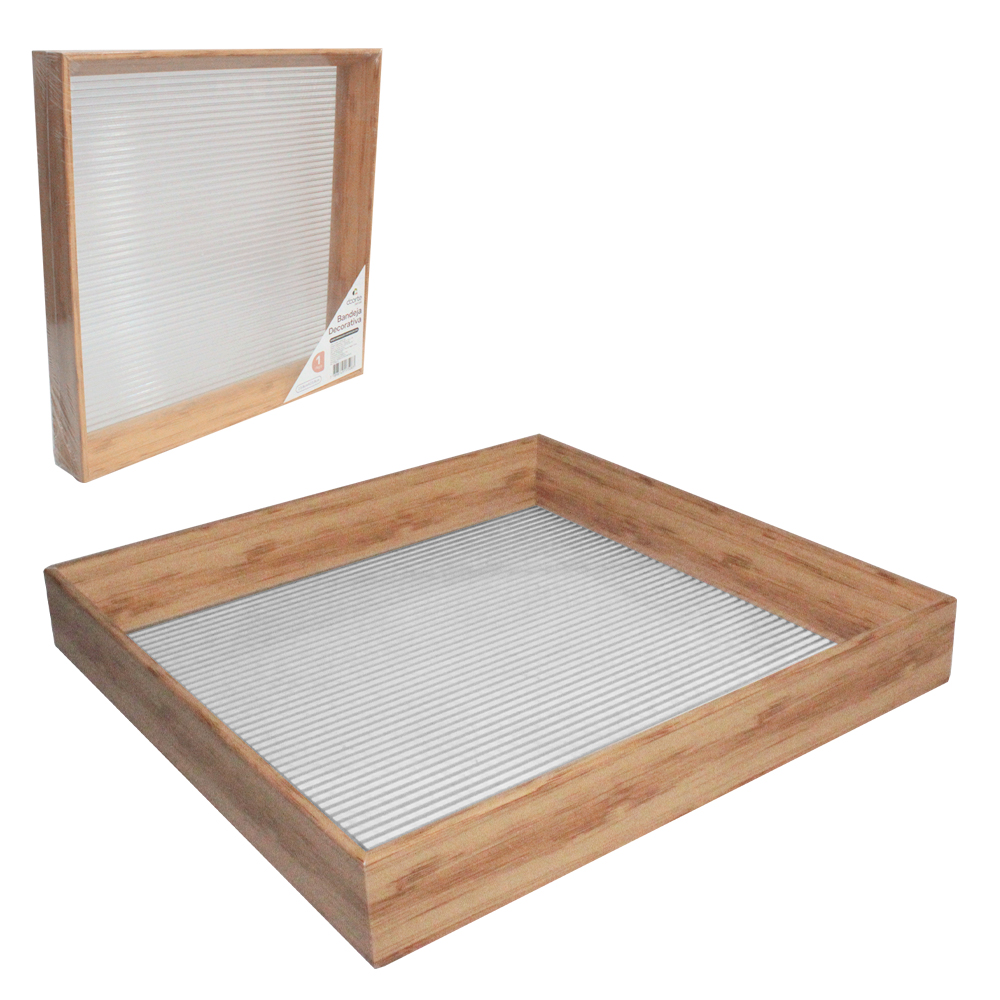 BANDEJA DE PLASTICO TIPO MADEIRA COM FUNDO TRANSPARENTE QUADRADA DECORATIVA DECOR 23,8X3,5CM