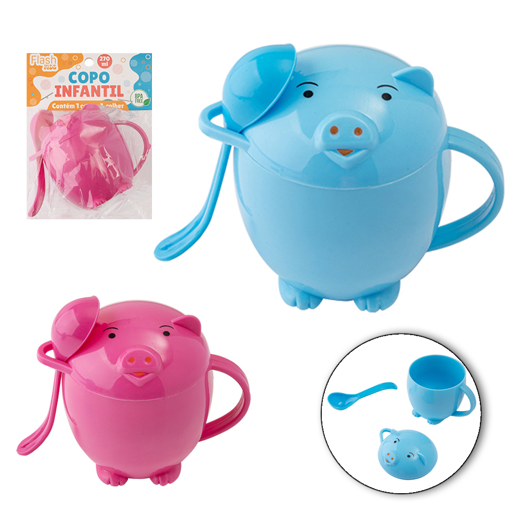 COPO INFANTIL DE PLASTICO PORCO COM ALCA + TAMPA E COLHER FLASH KIDS 270ML