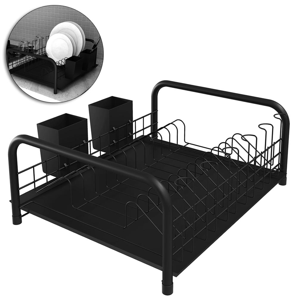 ESCORREDOR SECADOR DE PRATOS / COPOS ARAMADO COM BANDEJA + PORTA TALHER DE PLASTICO BLACK 43X42X17CM