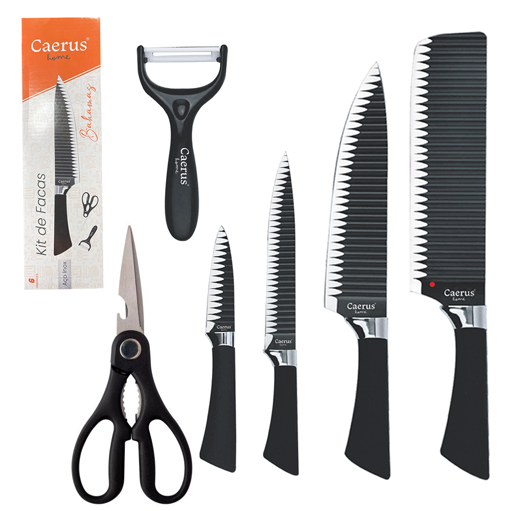 CONJUNTO DE FACA DE COZINHA DE INOX COM CORTADOR / DESCASCADOR + TESOURA E CUTELO 6 PECAS