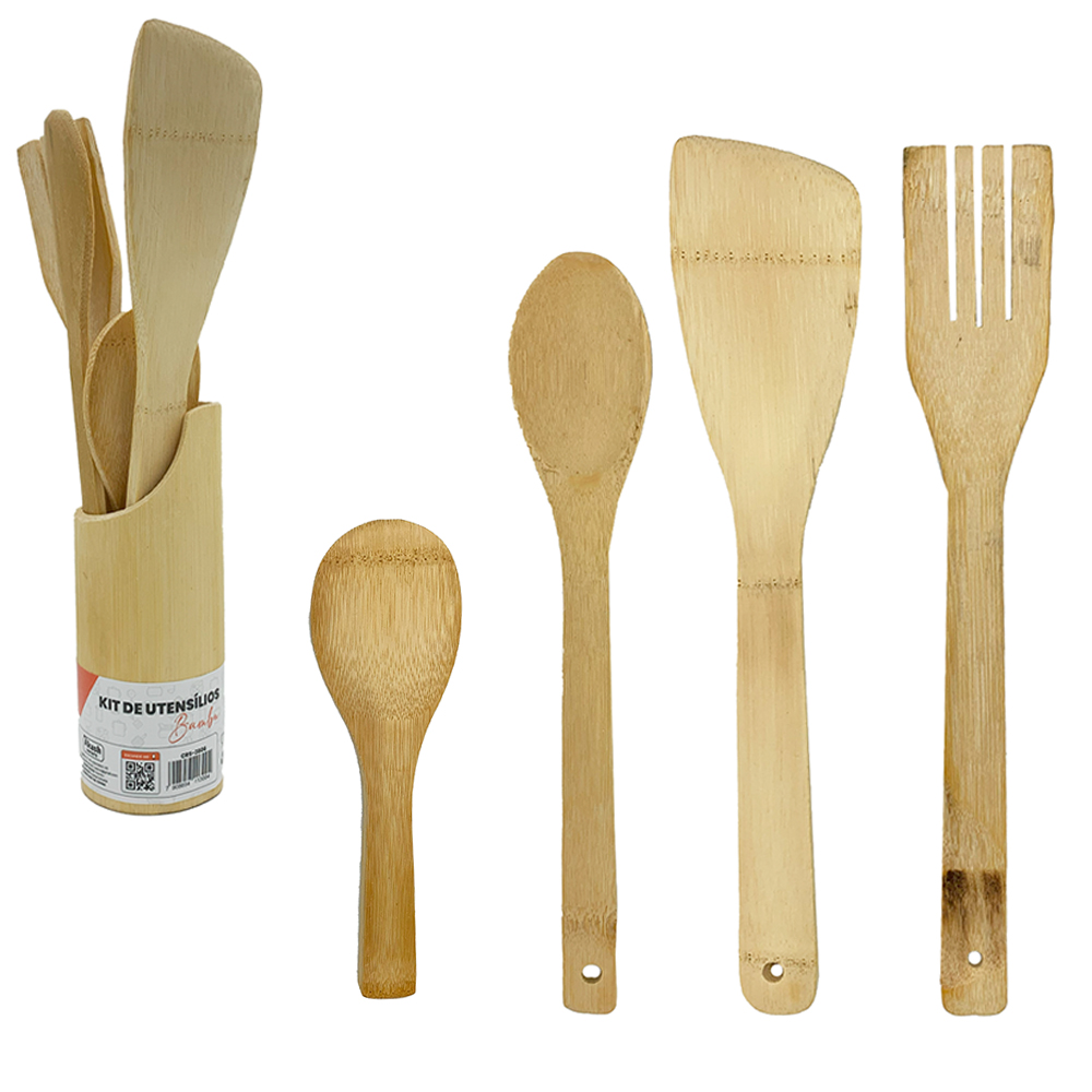 KIT COM 2 COLHER + GARFO E ESPATULA DE PAO DURO + SUPORTE DE BAMBU