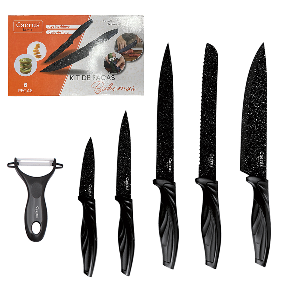 CONJUNTO DE FACA DE COZINHA DE INOX COM CORTADOR / DESCASCADOR CABO PLASTICO 6 PECAS
