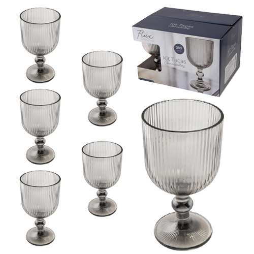 JOGO DE TACA DE VIDRO PARA AGUA / VINHO CANELADAS FLUX COM 6 PECAS 380ML
