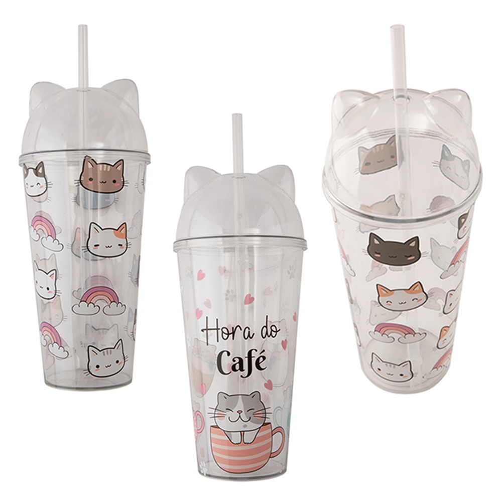 COPO COM TAMPA E CANUDO DE PLASTICO ANIMAIS 680ML