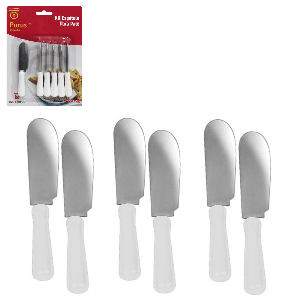 ESPATULA PATE / MANTEIGA DE INOX CABO PLASTICO BRANCO COM 6 PECAS 10CM