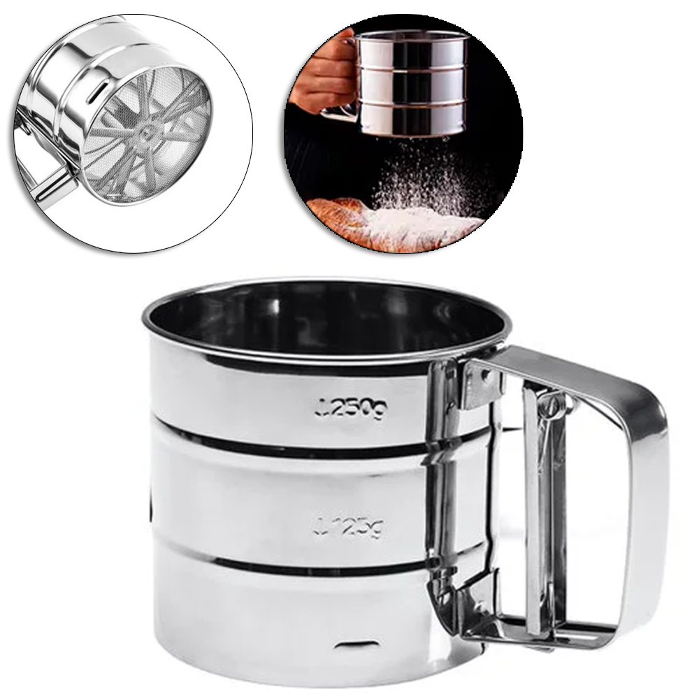 POLVILHADOR / PENEIRA DE INOX TIPO CANECA COM GATILHO 15,5X9,5X10,5CM DE Ø