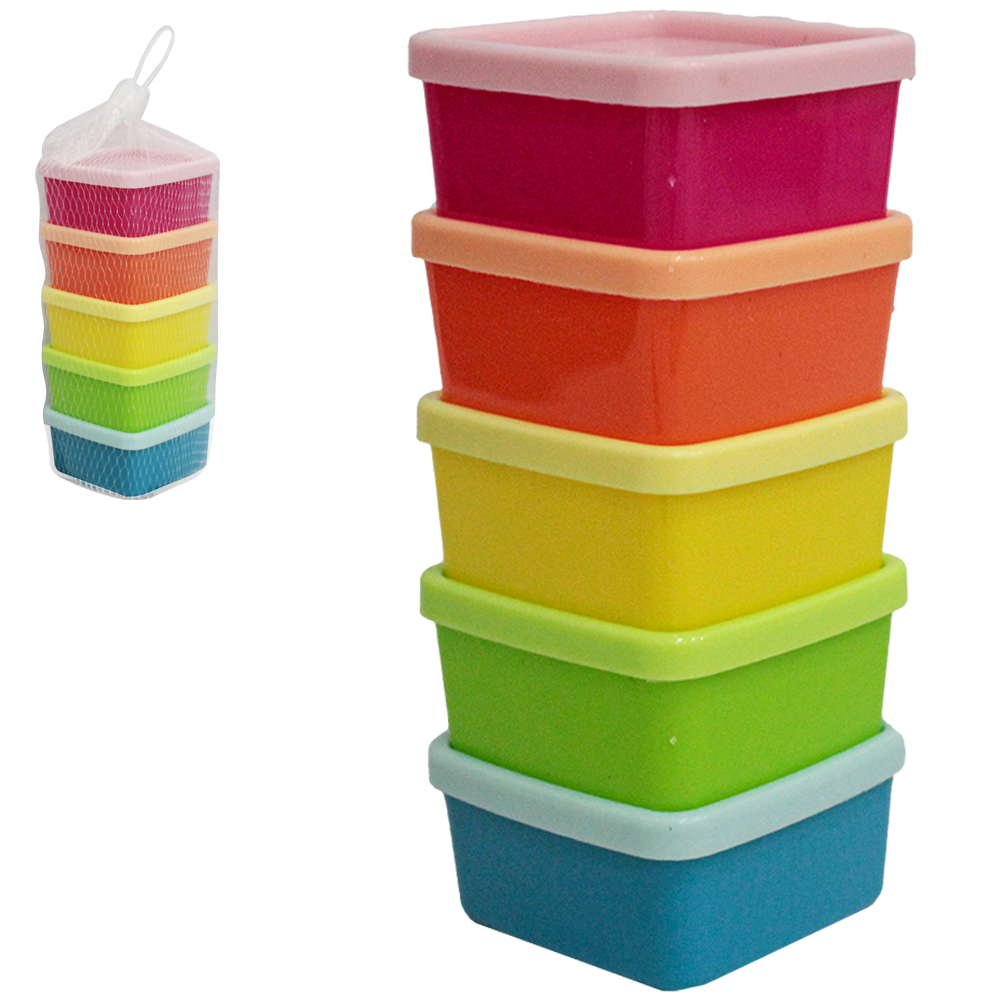 CONJUNTO DE MINI POTE DE PLASTICO QUADRADO COM TAMPA 5 PECAS 80ML NA REDE