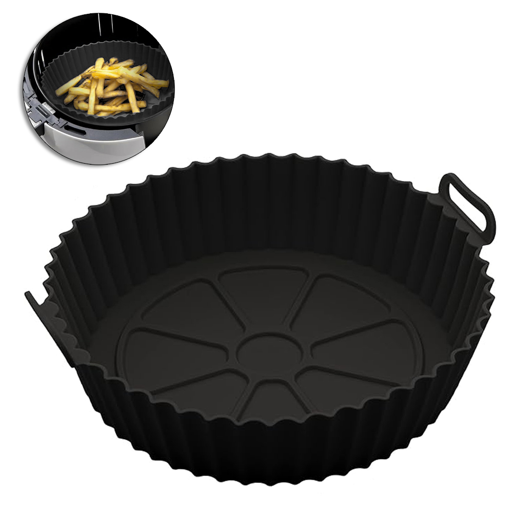FORMA DE SILICONE REDONDO COM ALCA PARA AIR FRYER / FRITADEIRA ELETRICA PRETA 7X20CM DE Ø