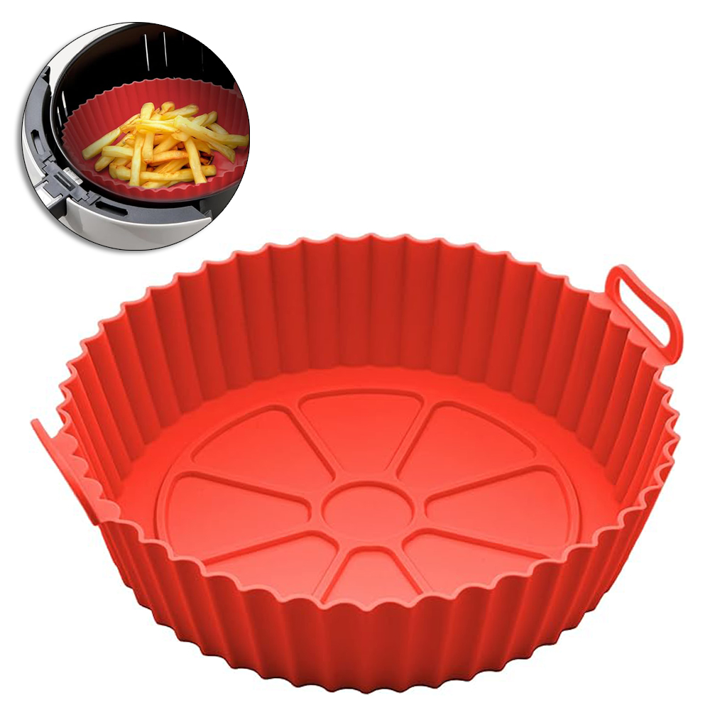 FORMA DE SILICONE REDONDO COM ALCA PARA AIR FRYER / FRITADEIRA ELETRICA VERMELHA 7X20CM DE Ø