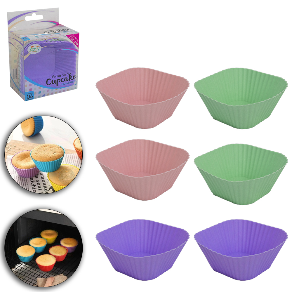 FORMA DE SILICONE QUADRADA PARA CUPCAKE COLORS COM 6 PECAS 7X3CM
