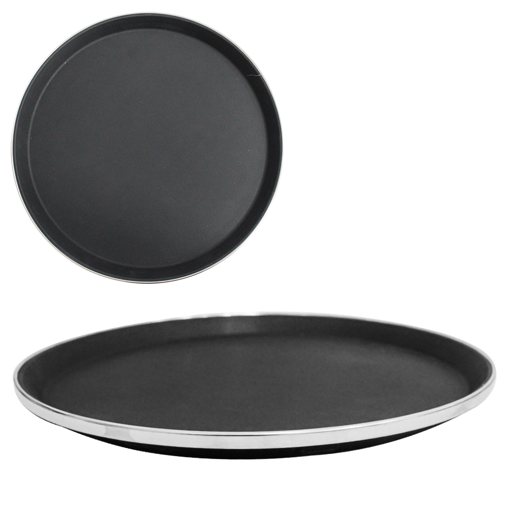 BANDEJA DE PLASTICO REDONDA ANTIDERRAPANTE COM FRISO INOX PARA GARCOM 35CM DE Ø