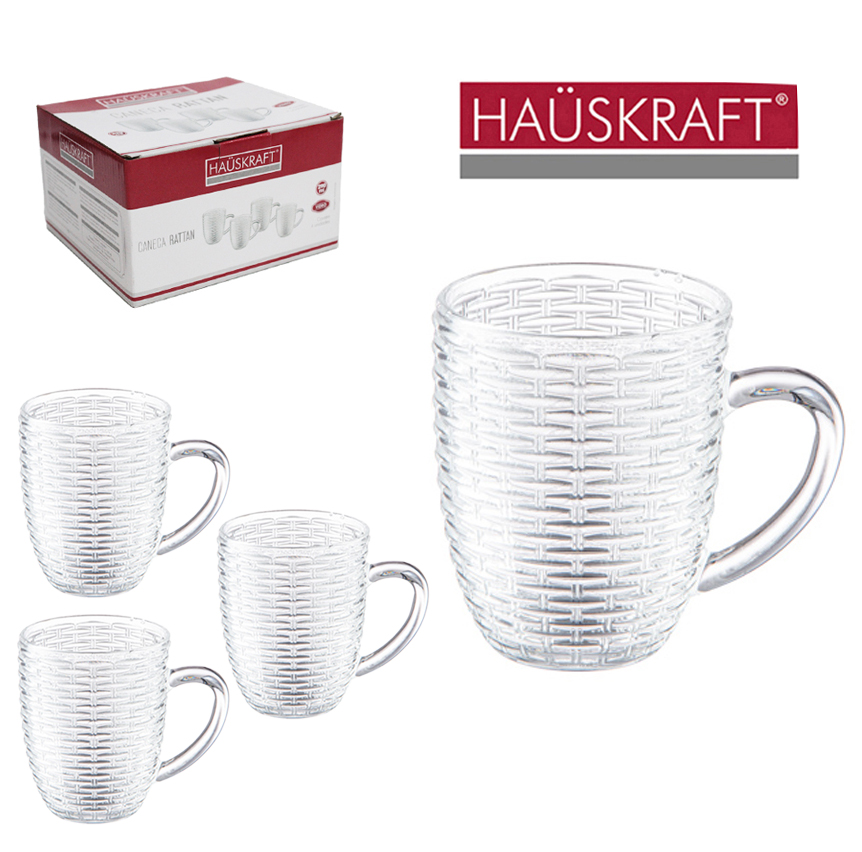 JOGO DE CANECA XICARA DE VIDRO PARA CAFE / CAPPUCCINO RATTAN HAUSKRAFT COM 4 PECAS 290ML