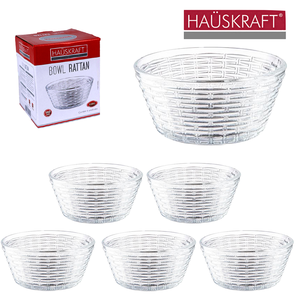 JOGO DE TIGELA DE VIDRO REDONDA PARA SOBREMESA BOWL RATTAN HAUSKRAFT COM 6 PECAS 280ML