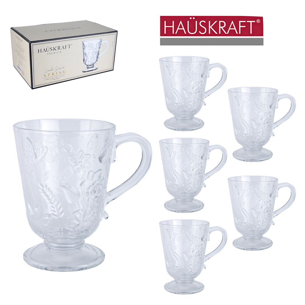 JOGO DE CANECA XICARA DE VIDRO PARA CAFE / CAPPUCCINO LINHA SERVIR SPRING HAUSKRAFT PREMIUM 6 PECAS 330ML