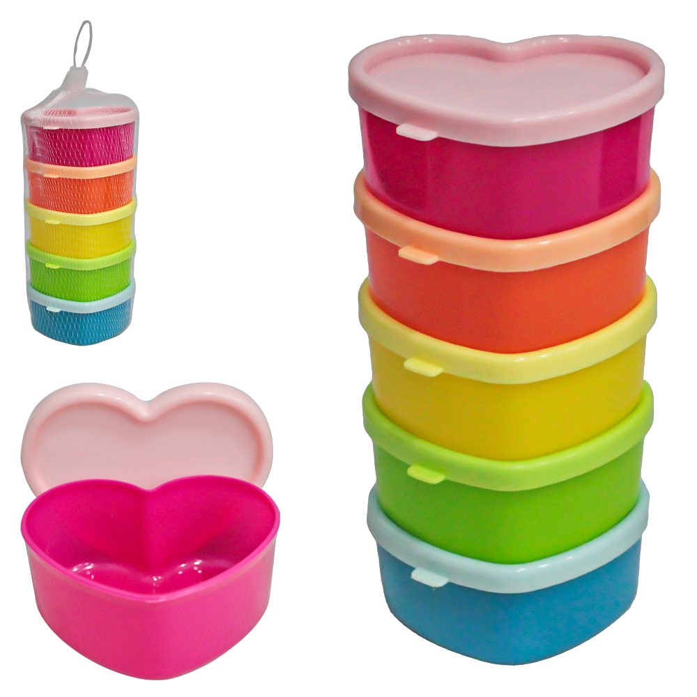 CONJUNTO DE MINI POTE DE PLASTICO CORACAO COM PECAS 5 PECAS 8X6,5X3,5CM