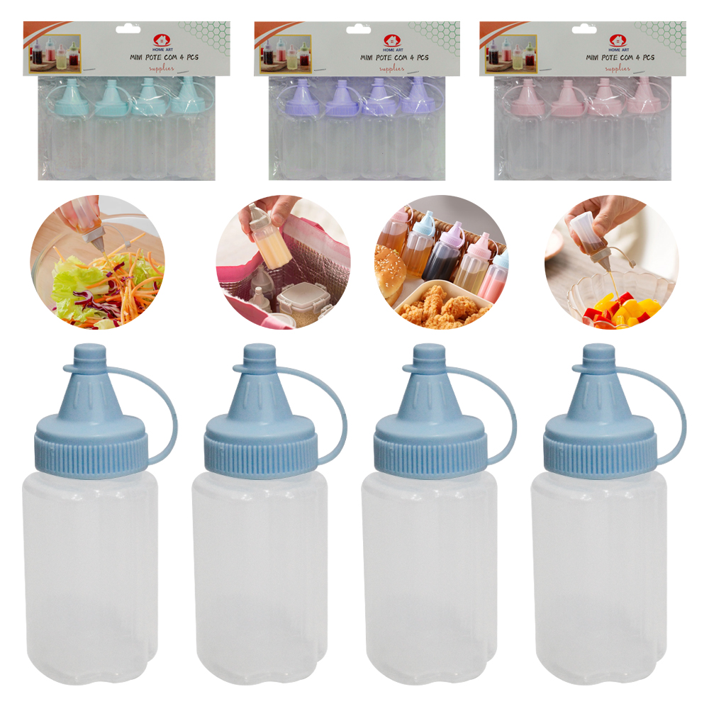 CONJUNTO DE MINI BISNAGA POTE DE PLASTICO COM TAMPA 4 PECAS