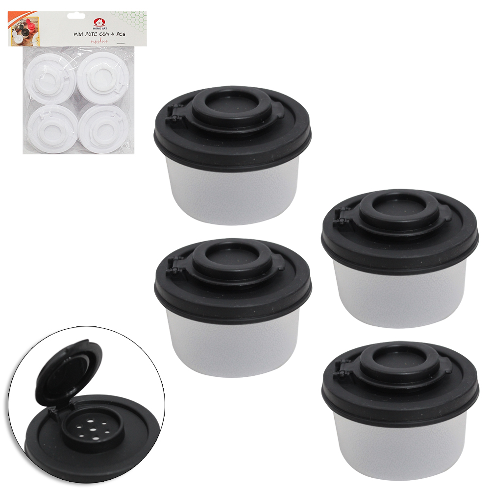 CONJUNTO DE MINI POTE / PORTA CONDIMENTO DE PLASTICO REDONDO COM TAMPA 4 PECAS 50ML 3,8X5,5CM DE Ø