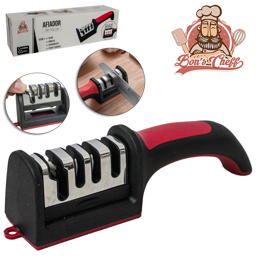 AFIADOR AMOLADOR DE FACA CABO E BASE EMBORRACHADO VERMELHO / PRETO 21X5,5X4,5CM BONS CHEFF