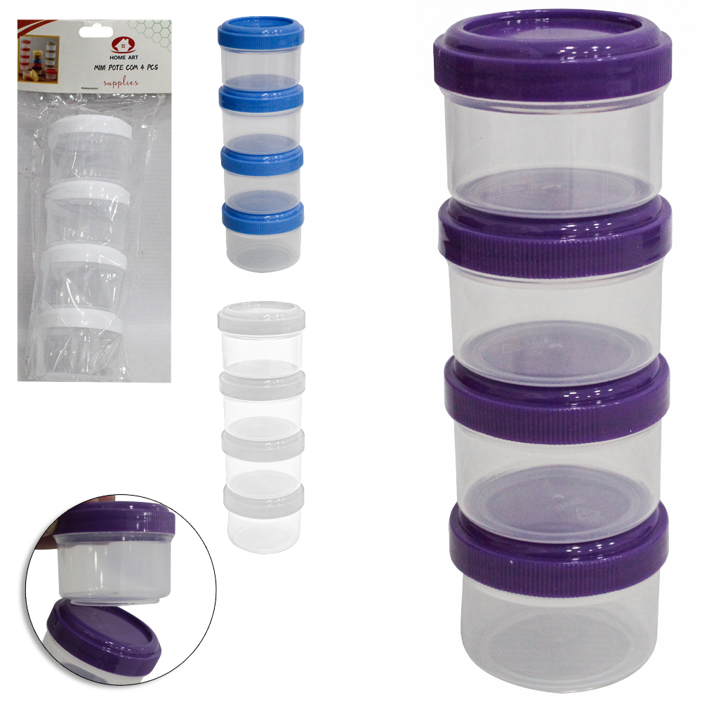 CONJUNTO DE MINI POTE DE PLASTICO REDONDO EMPILHAVEL COM TAMPA 4 PECAS 40ML
