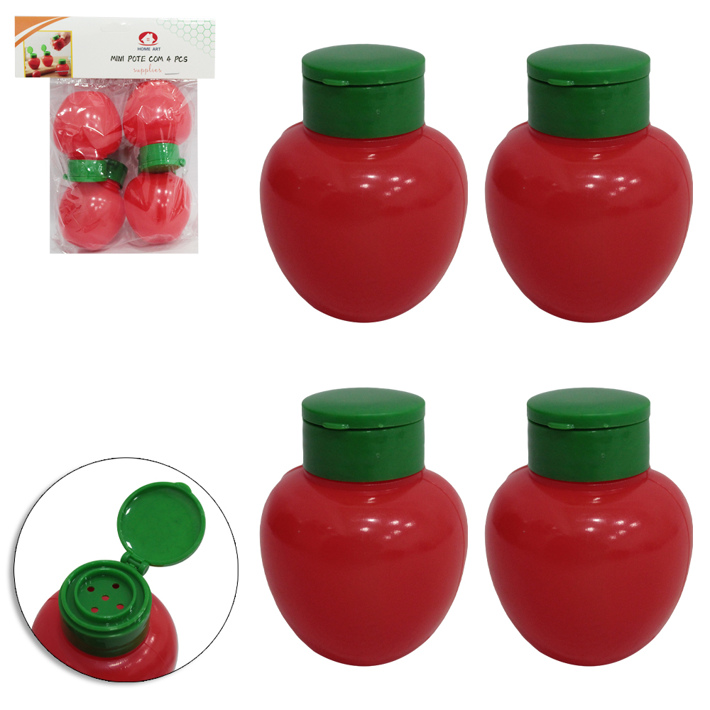 CONJUNTO DE MINI POTE / PORTA CONDIMENTO DE PLASTICO COM TAMPA 4 PECAS 50ML 5,5X4,5CM DE Ø