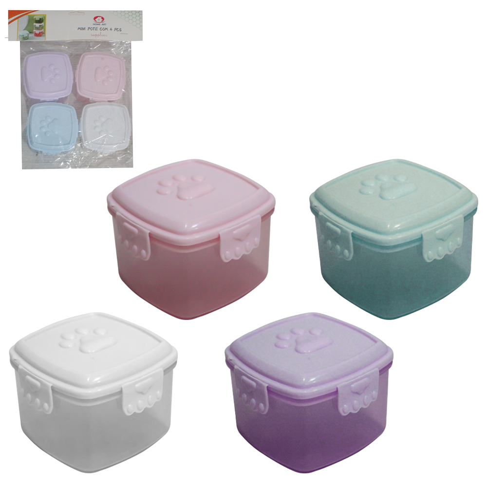 CONJUNTO DE MINI POTE DE PLASTICO QUADRADO COM TAMPA PATA 4 PECAS 60ML 5,5X4CM