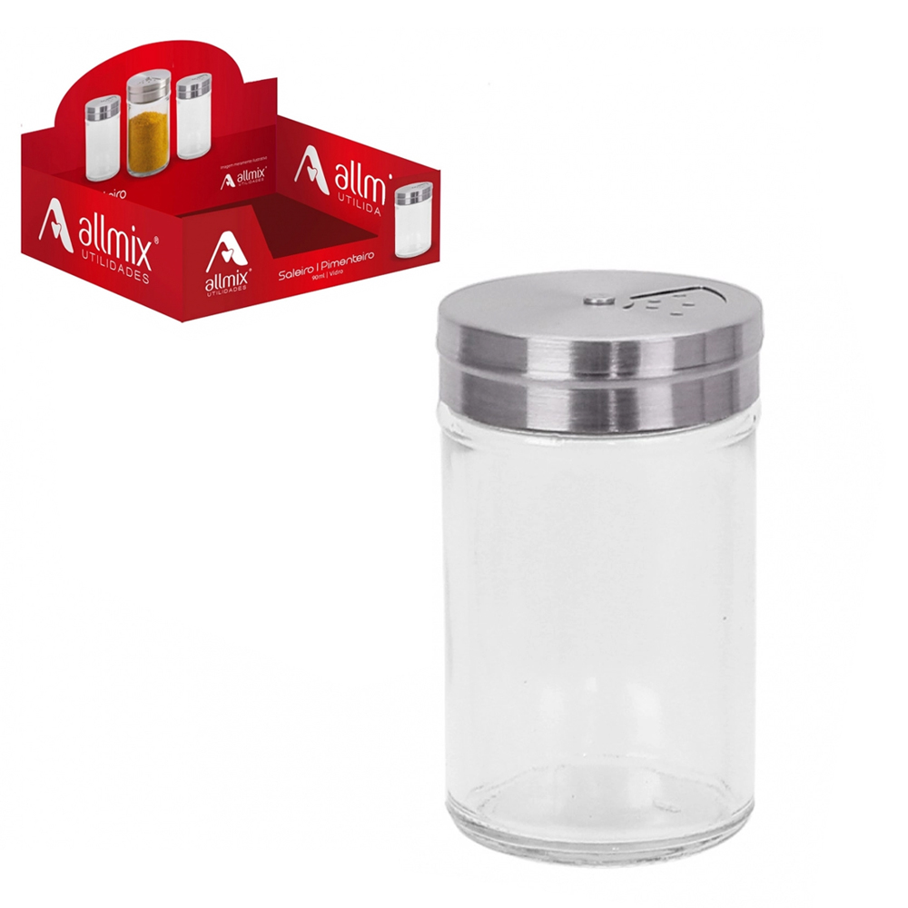 SALEIRO / PALITEIRO / PIMENTEIRO DE MESA DE VIDRO REDONDO COM TAMPA DE INOX 90ML DP PLAY