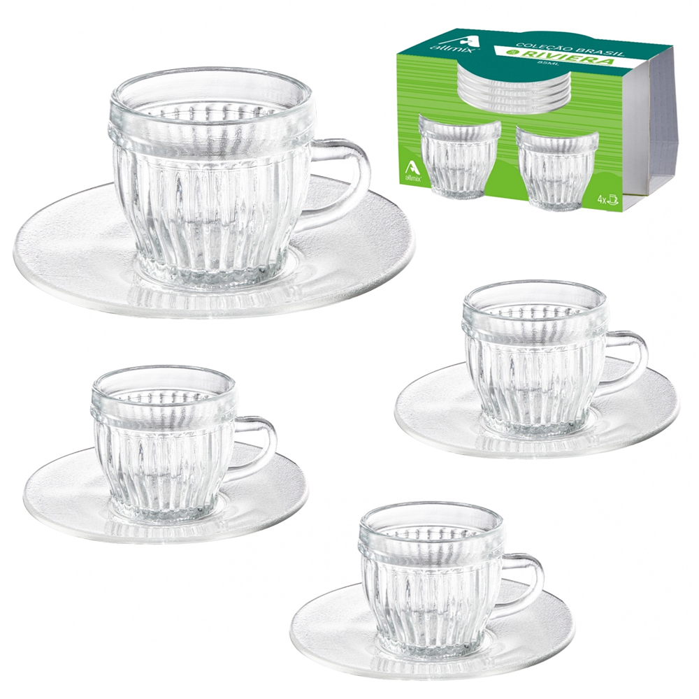 JOGO DE XICARA DE VIDRO COM PIRES PARA CAFE COLECAO BRASIL RIVIERA COM 8 PECAS 85ML