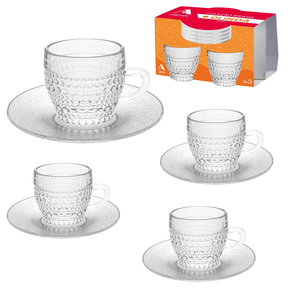 JOGO DE XICARA DE VIDRO COM PIRES PARA CAFE COLECAO BRASIL OLINDA COM 8 PECAS 85ML
