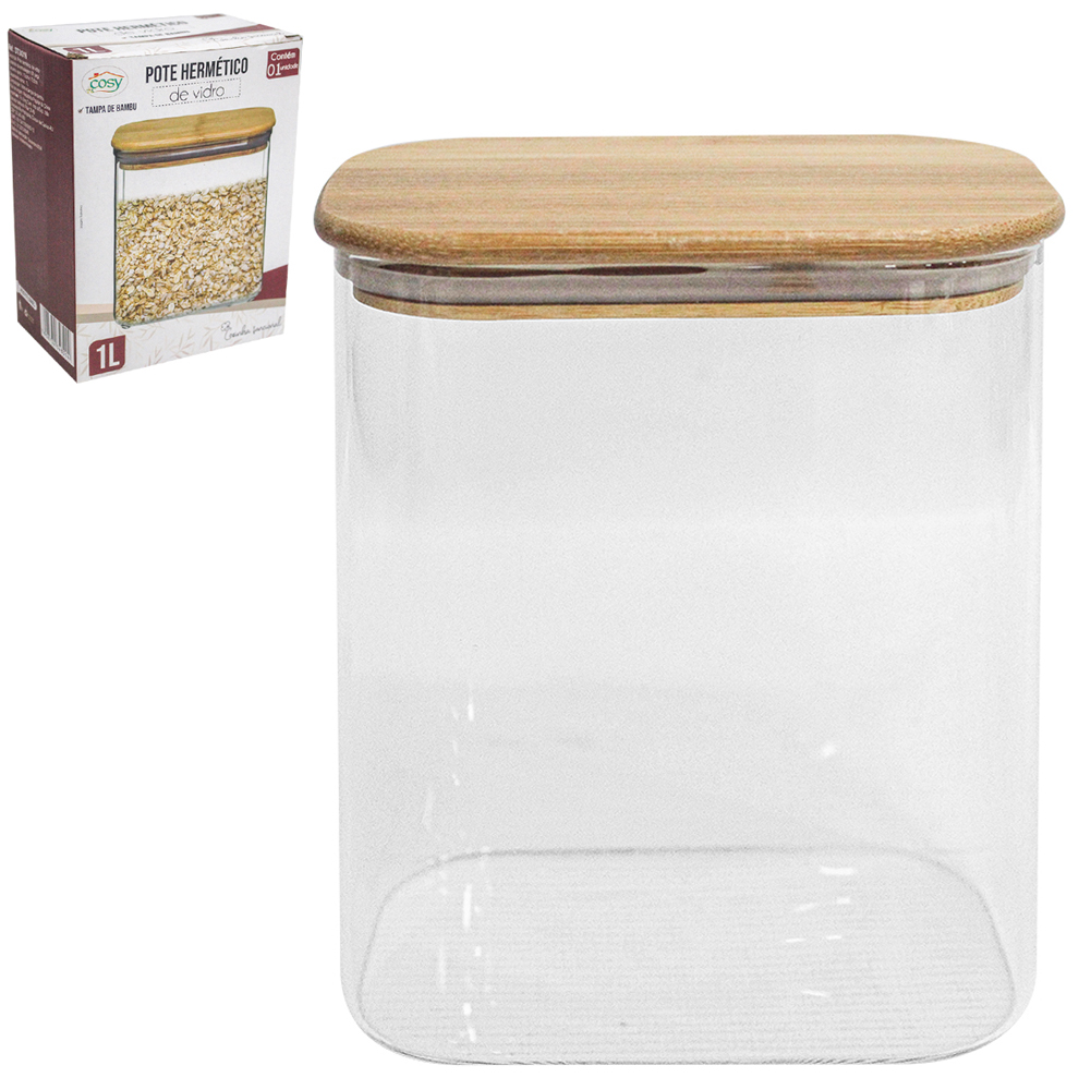 POTE DE VIDRO LISO RETANGULAR COM TAMPA HERMETICA DE MADEIRA / BAMBU 1L