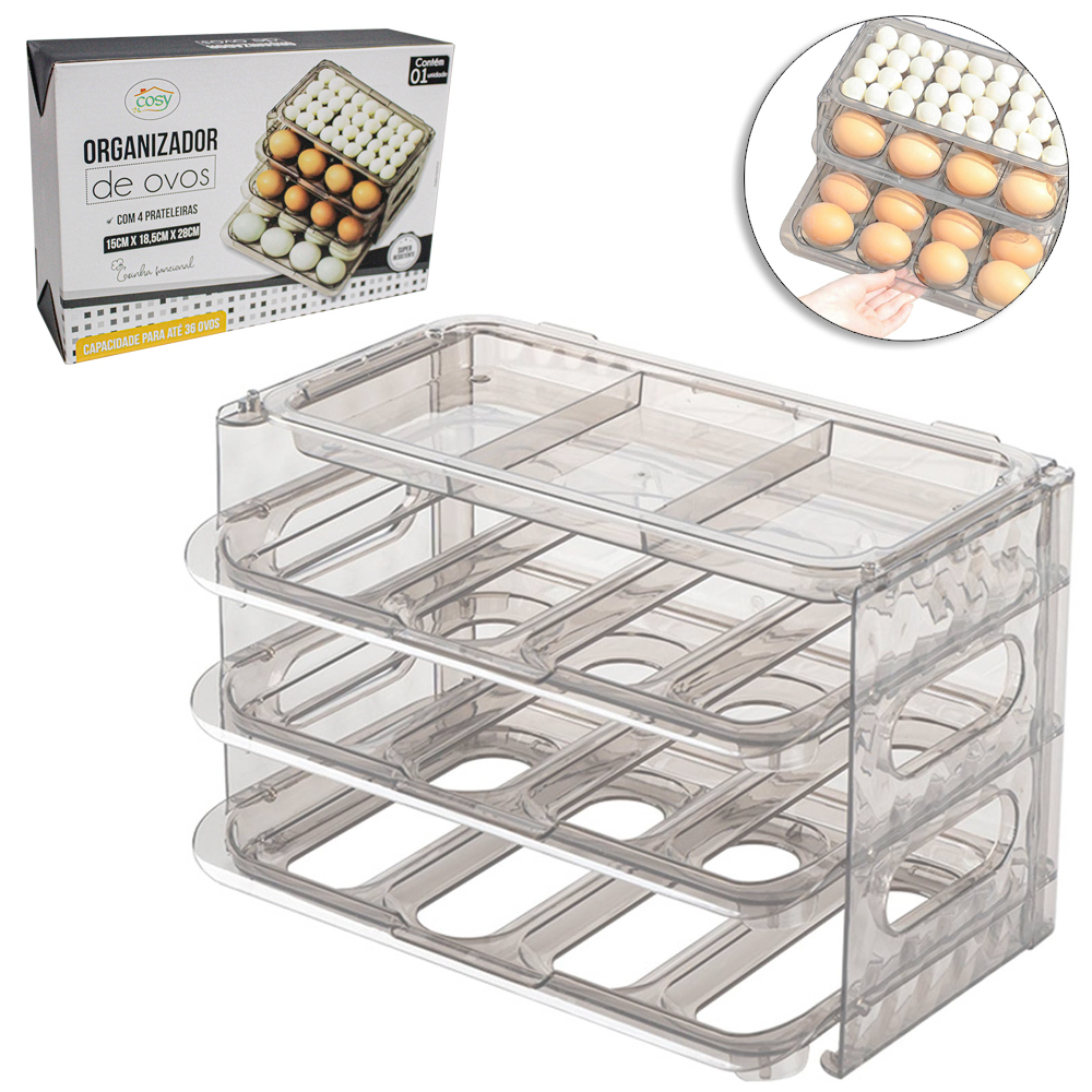 ORGANIZADOR PORTA OVOS COM 4 PRATELEIRAS DE PLASTICO PET FLEXIVEL 28X18,5X15CM