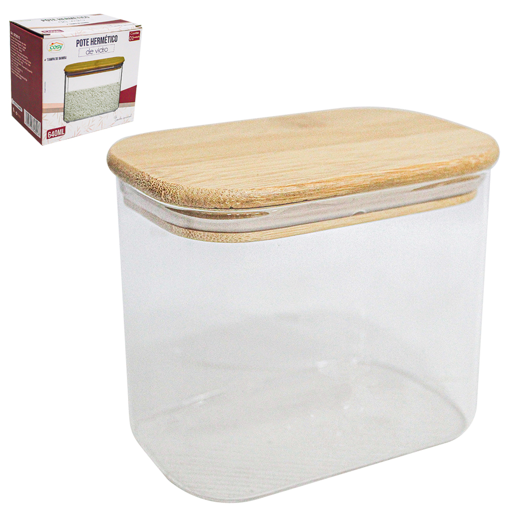 POTE DE VIDRO LISO RETANGULAR COM TAMPA HERMETICA DE MADEIRA / BAMBU 640ML