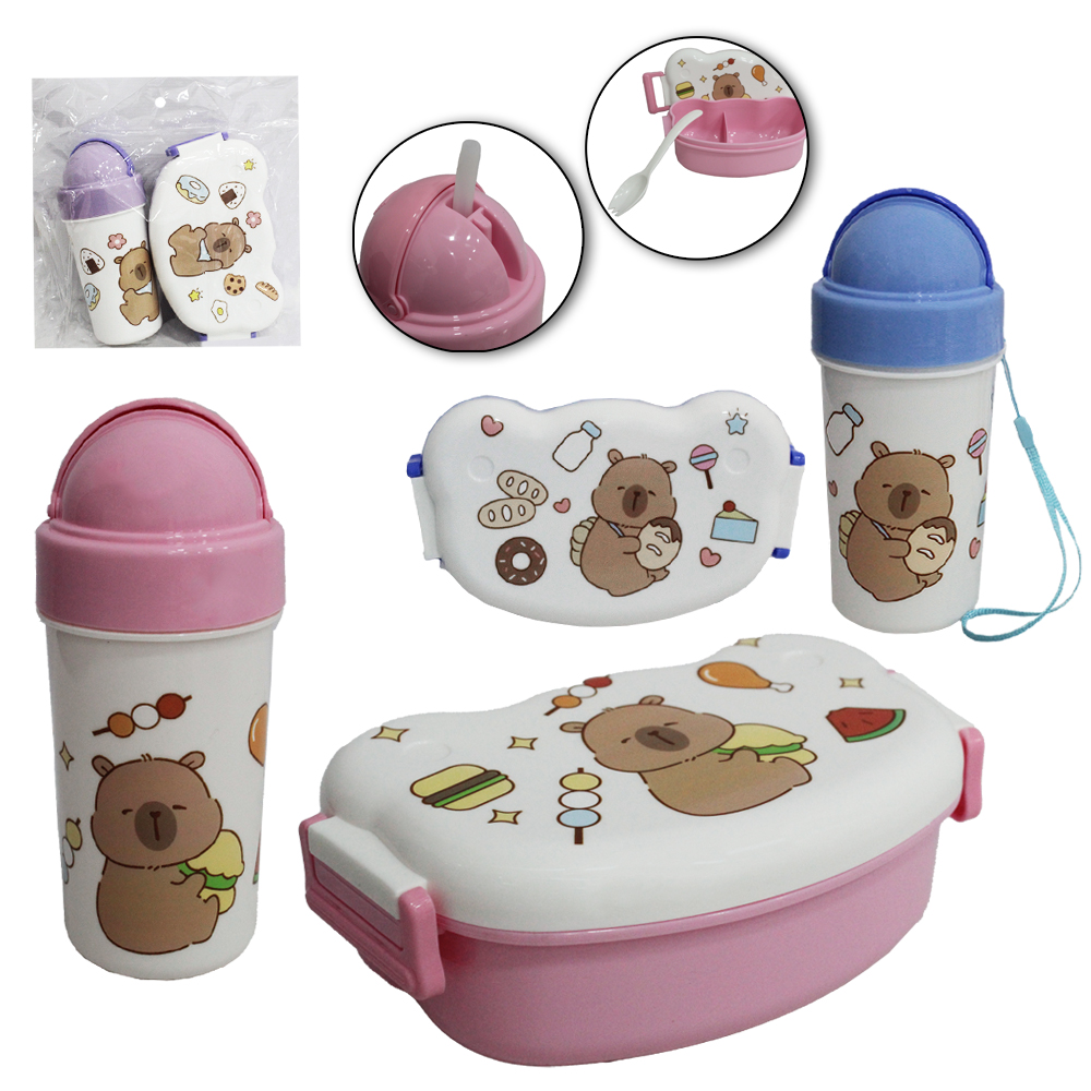 KIT ALIMENTACAO / PAPINHA VIAGEM MARMITA DE PLASTICO COM TAMPA + COLHER GARFO E GARRAFA SQUEEZE CAPIVARA 330ML