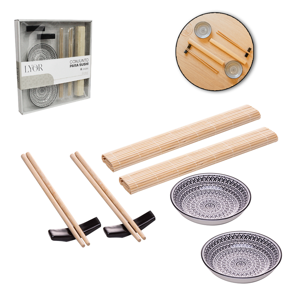 CONJUNTO PARA SUSHI COM 2 PRATOS MOLHEIRAS E 2 SUPORTES PORCELANA + 2 PARES HASHI / PALITO E 2 ESTEIRAS BAMBU SAKAI