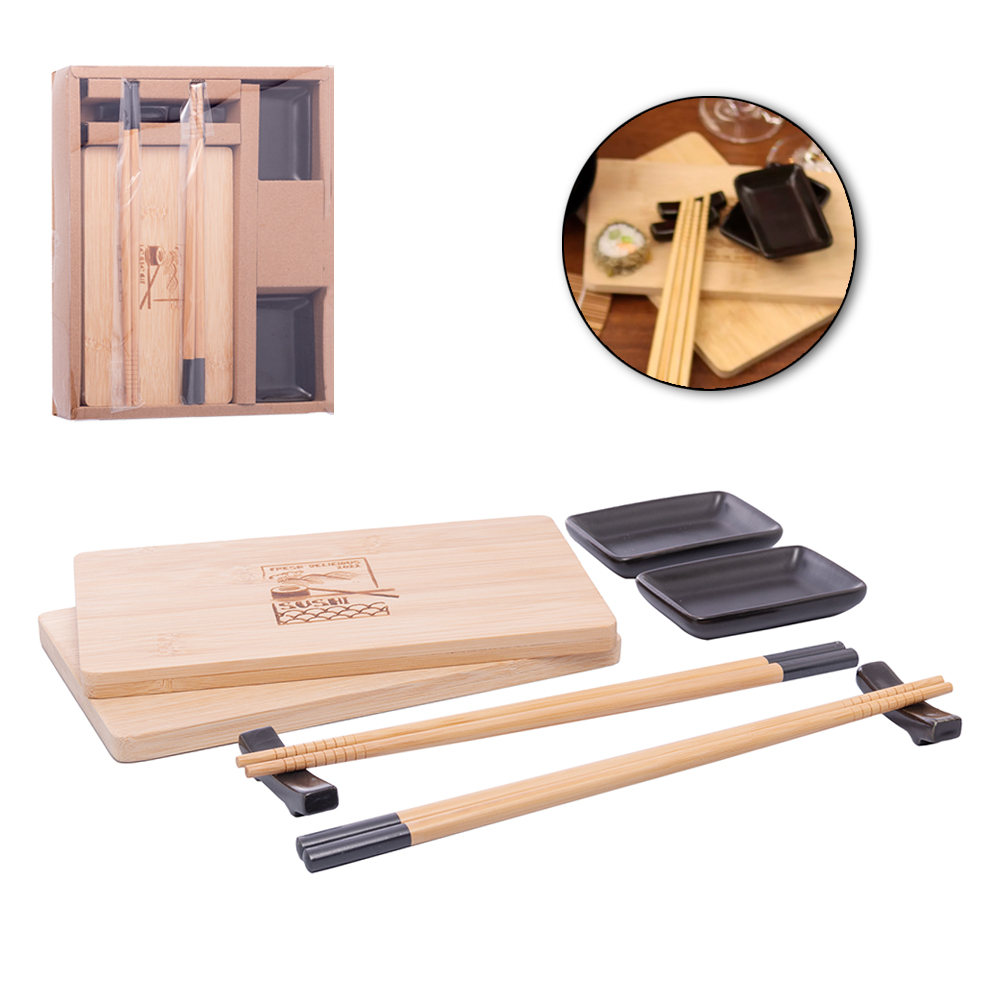 CONJUNTO PARA SUSHI COM 2 PRATOS MOLHEIRAS E 2 SUPORTES PORCELANA + 2 PARES HASHI / PALITO E 2 TABUAS BAMBU SAPPORO