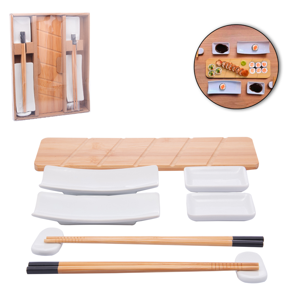 CONJUNTO PARA SUSHI COM 4 PRATOS MOLHEIRAS E 2 SUPORTES DE PORCELANA + 2 PARES HASHI / PALITO E TABUA DE BAMBU NAGOYA