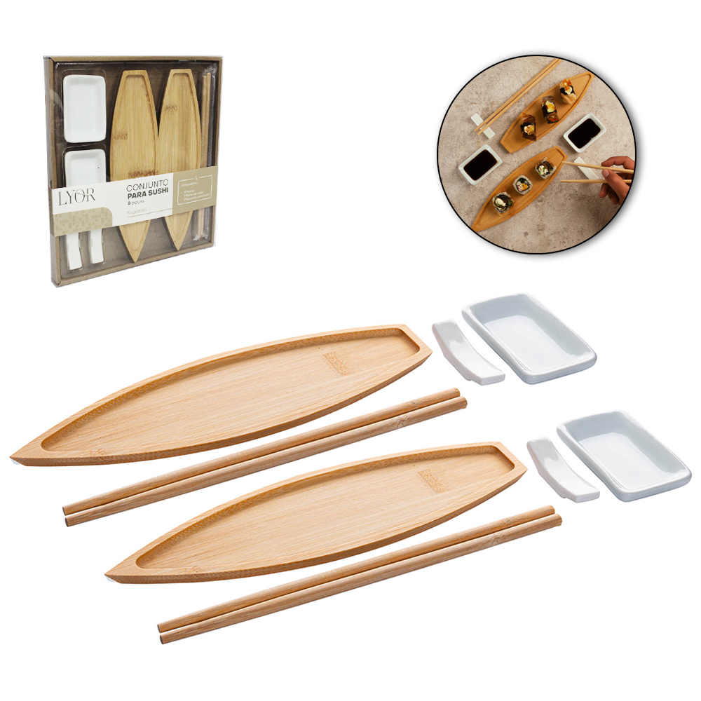 CONJUNTO PARA SUSHI COM 2 PRATOS MOLHEIRAS E 2 SUPORTES PORCELANA + PAR HASHI / PALITO E 2 BANDEJAS DE BAMBU NAGASAKI